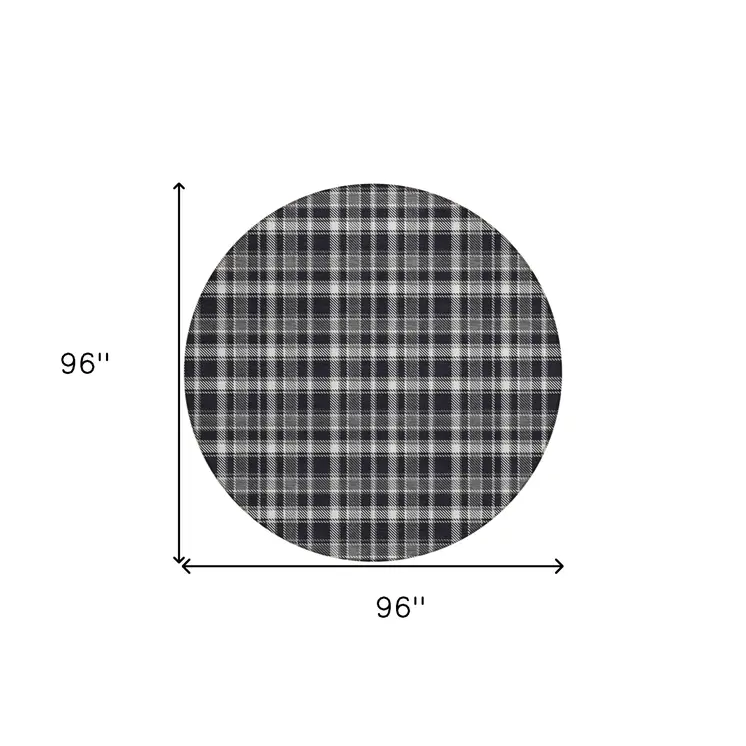 8' Black Gray And White Round Plaid Washable Indoor Outdoor Area Rug