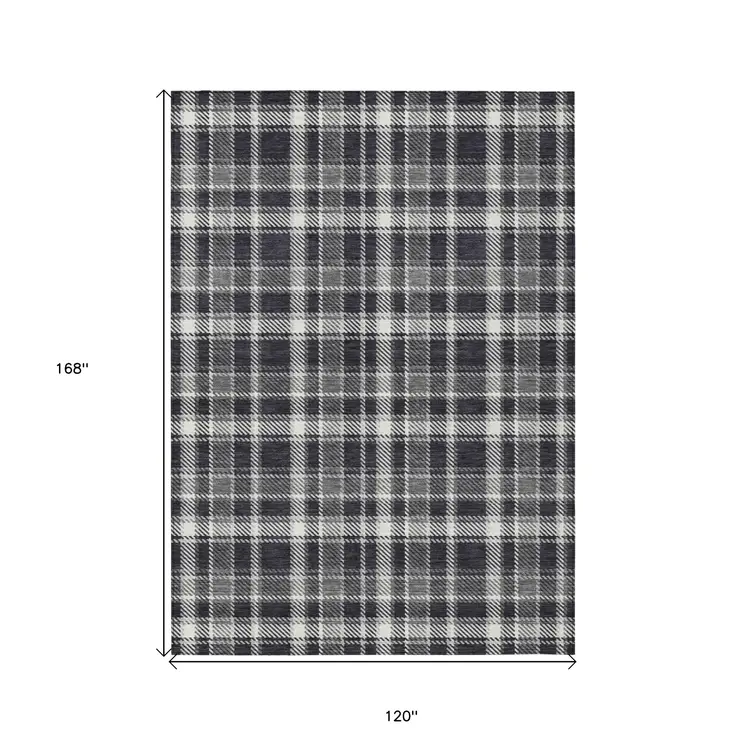 10' X 14' Black Gray and White Plaid Washable Non Skid Indoor Outdoor Area Rug