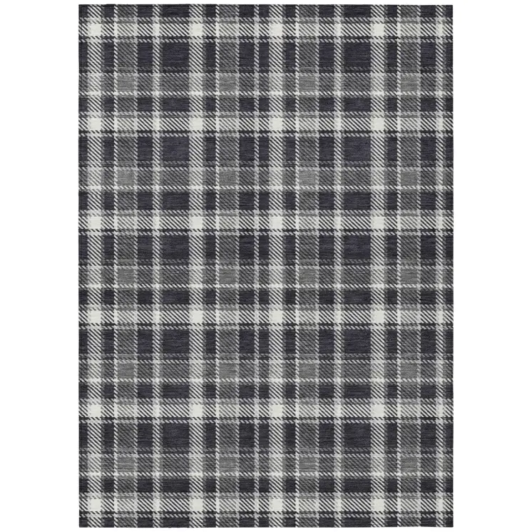 10' X 14' Black Gray and White Plaid Washable Non Skid Indoor Outdoor Area Rug