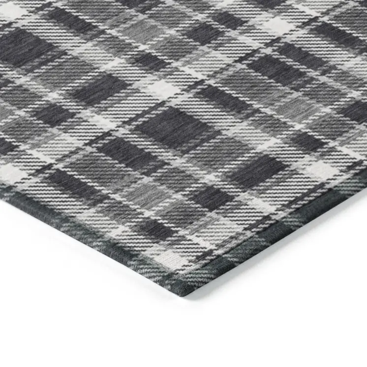 10' X 14' Black Gray and White Plaid Washable Non Skid Indoor Outdoor Area Rug