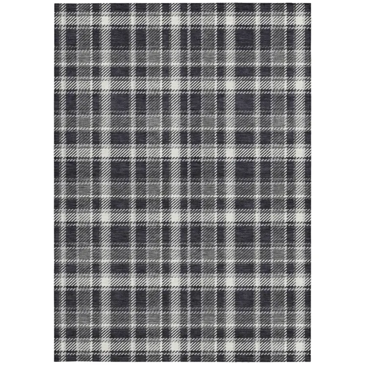 10' X 14' Black Gray and White Plaid Washable Non Skid Indoor Outdoor Area Rug