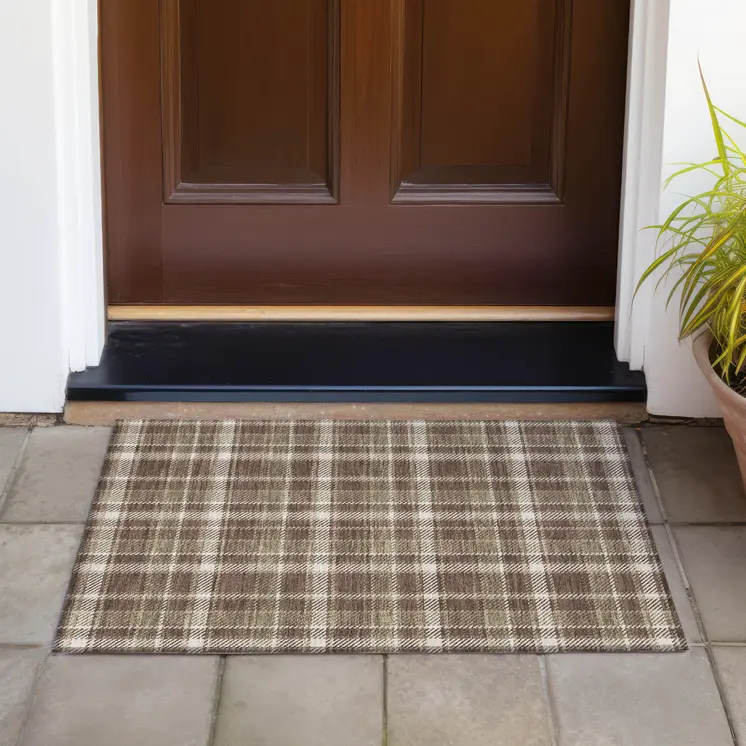 2' X 3' Chocolate and Ivory Plaid Washable Non Skid Indoor Outdoor Area Rug