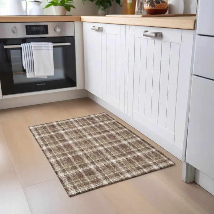 2' X 3' Chocolate and Ivory Plaid Washable Non Skid Indoor Outdoor Area Rug