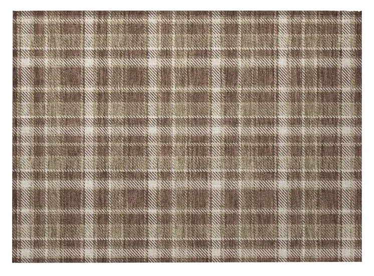 2' X 3' Chocolate and Ivory Plaid Washable Non Skid Indoor Outdoor Area Rug