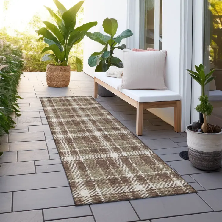 8' Runner Chocolate and Ivory Plaid Washable Non Skid Indoor Outdoor Runner Rug