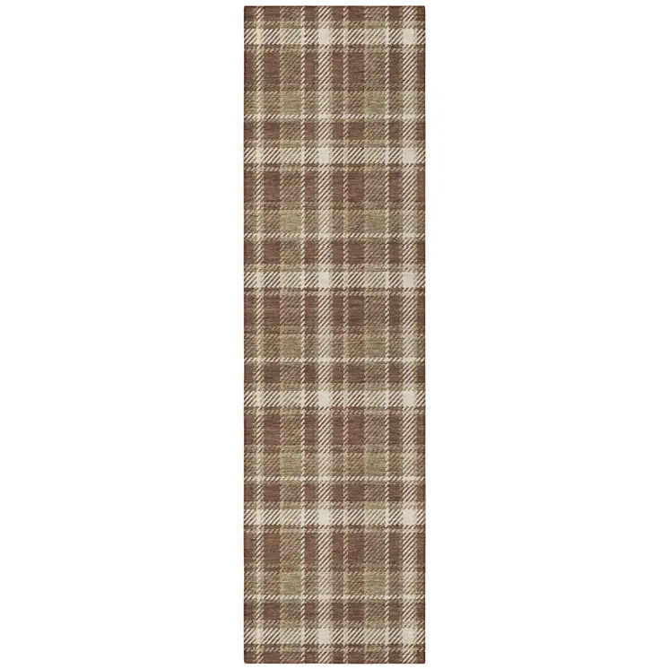 8' Runner Chocolate and Ivory Plaid Washable Non Skid Indoor Outdoor Runner Rug