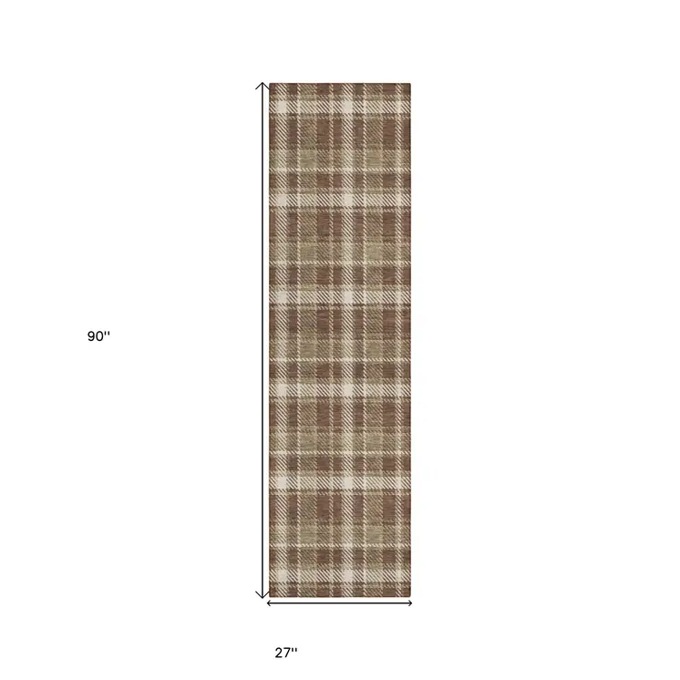 8' Runner Chocolate and Ivory Plaid Washable Non Skid Indoor Outdoor Runner Rug