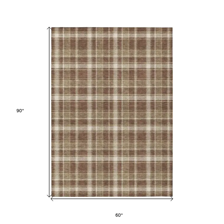 5' X 8' Chocolate and Ivory Plaid Washable Non Skid Indoor Outdoor Area Rug