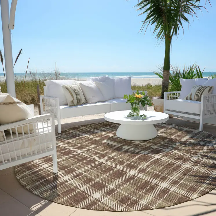 8' Round Chocolate and Ivory Round Plaid Washable Non Skid Indoor Outdoor Area Rug
