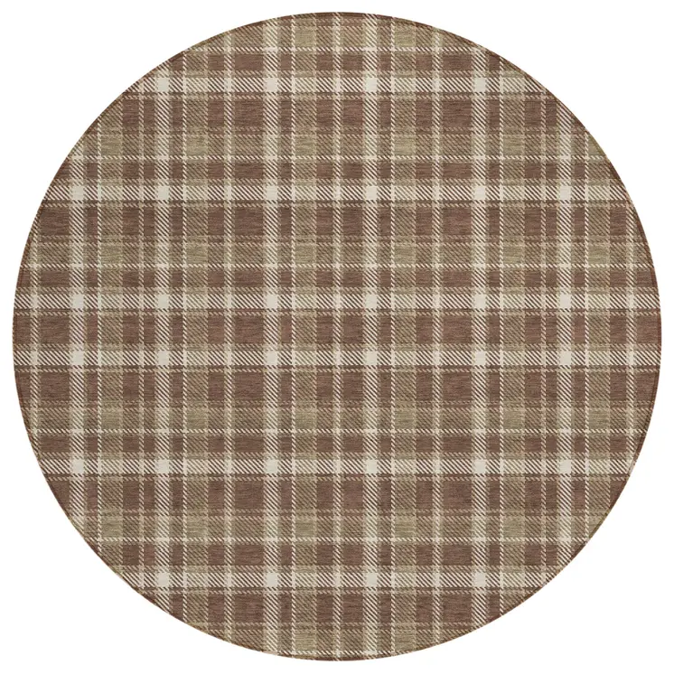 8' Round Chocolate and Ivory Round Plaid Washable Non Skid Indoor Outdoor Area Rug