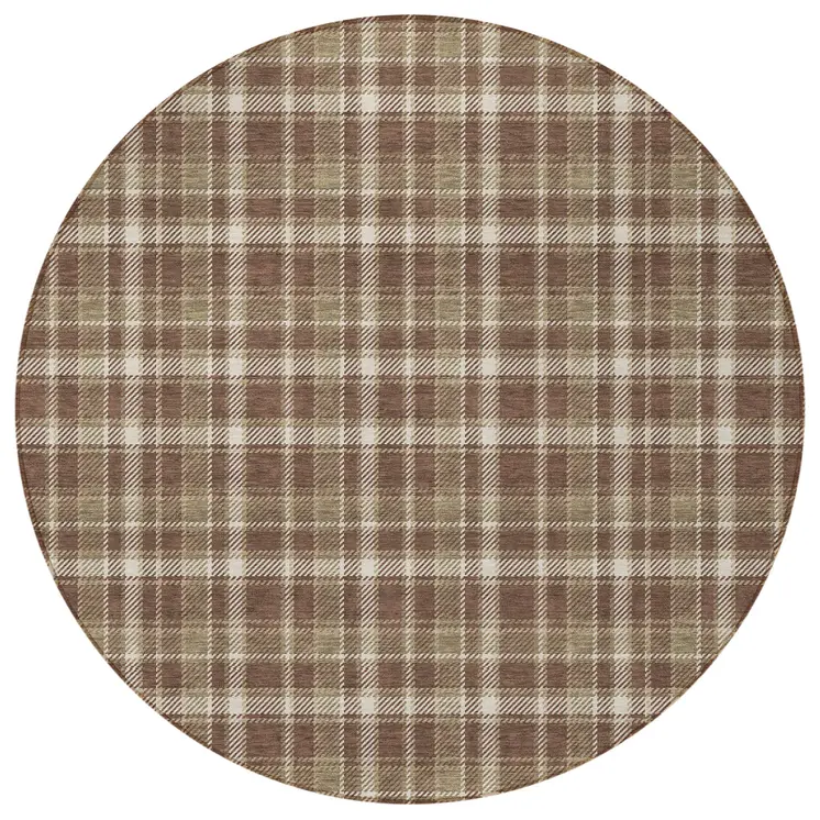 8' Round Chocolate and Ivory Round Plaid Washable Non Skid Indoor Outdoor Area Rug