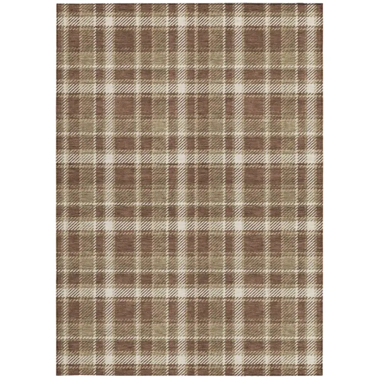 10' X 14' Chocolate and Ivory Plaid Washable Non Skid Indoor Outdoor Area Rug