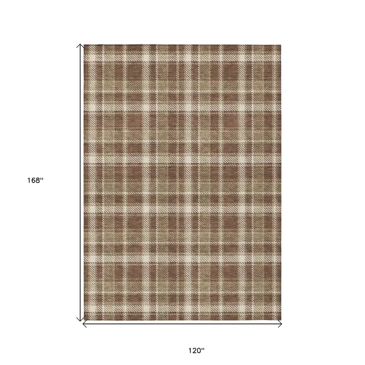 10' X 14' Chocolate and Ivory Plaid Washable Non Skid Indoor Outdoor Area Rug