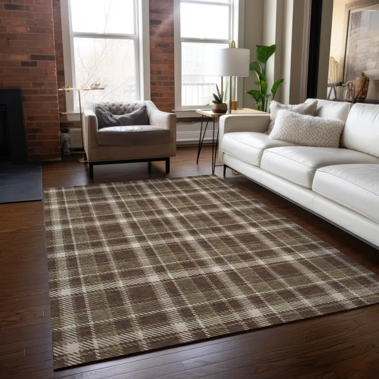 10' X 14' Chocolate and Ivory Plaid Washable Non Skid Indoor Outdoor Area Rug