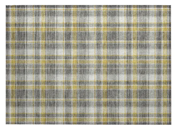 2' X 3' Gray Yellow and White Plaid Washable Non Skid Indoor Outdoor Area Rug