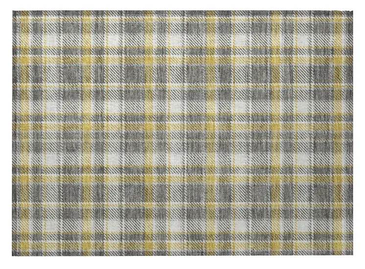 2' X 3' Gray Yellow and White Plaid Washable Non Skid Indoor Outdoor Area Rug