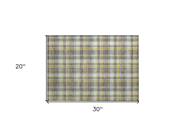 2' X 3' Gray Yellow and White Plaid Washable Non Skid Indoor Outdoor Area Rug