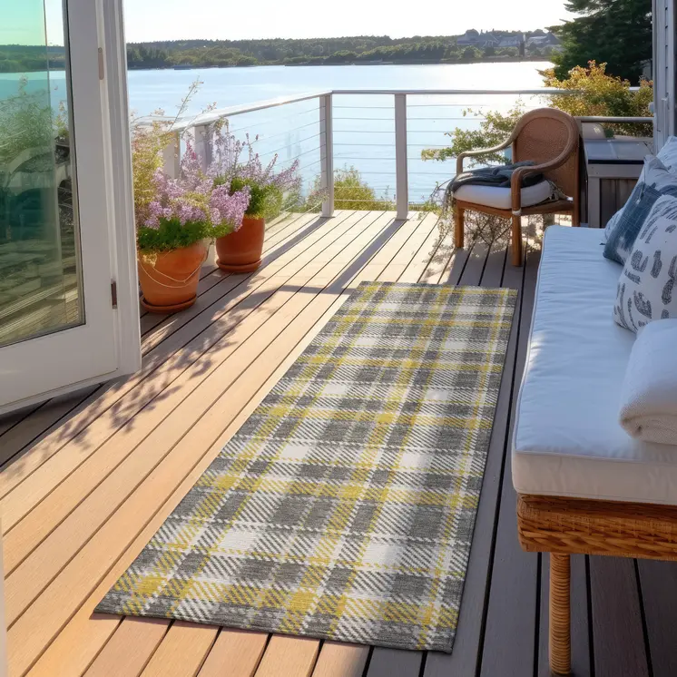 8' Runner Gray Yellow and White Plaid Washable Non Skid Indoor Outdoor Runner Rug