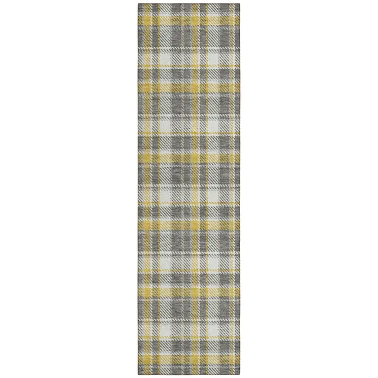 8' Runner Gray Yellow and White Plaid Washable Non Skid Indoor Outdoor Runner Rug