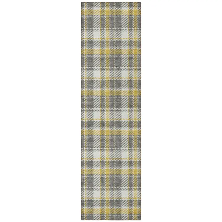 8' Runner Gray Yellow and White Plaid Washable Non Skid Indoor Outdoor Runner Rug