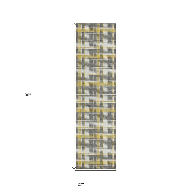8' Runner Gray Yellow and White Plaid Washable Non Skid Indoor Outdoor Runner Rug