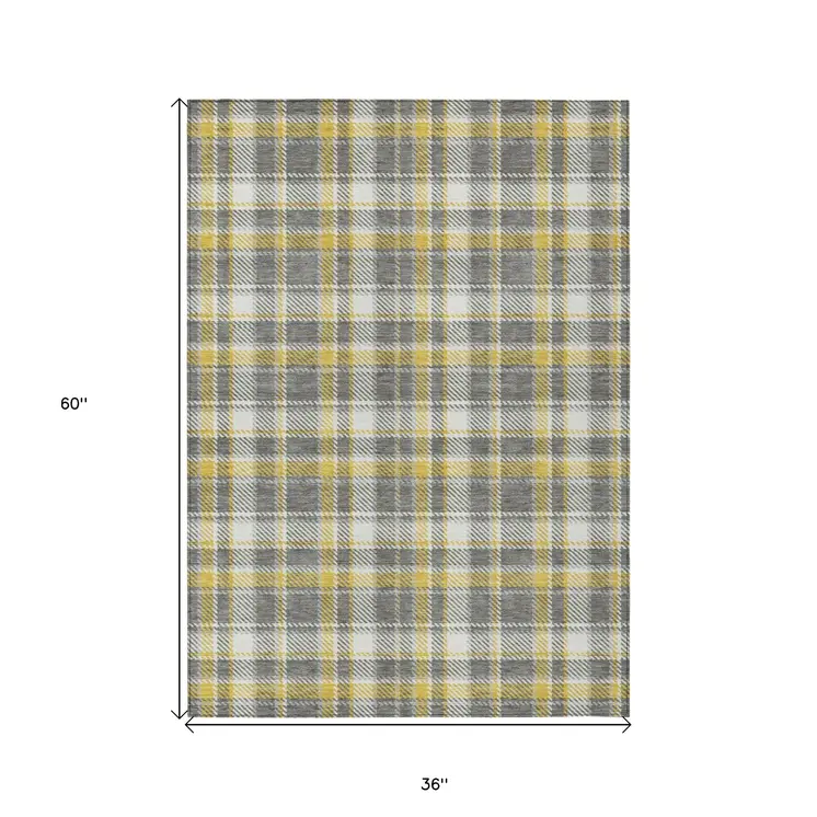 3' X 5' Gray Yellow And White Plaid Washable Indoor Outdoor Area Rug
