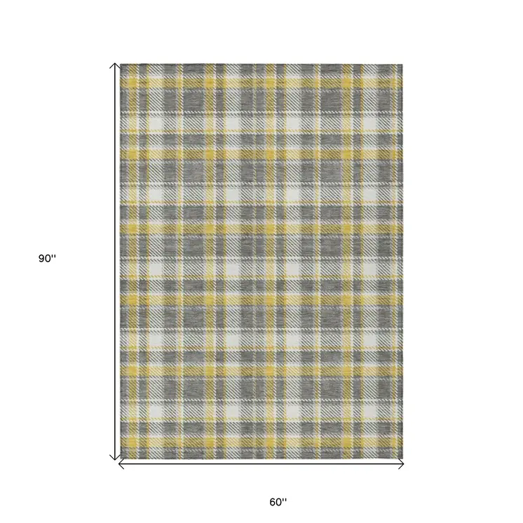5' X 8' Gray Yellow and White Plaid Washable Non Skid Indoor Outdoor Area Rug