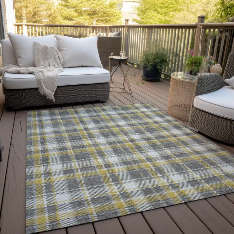 5' X 8' Gray Yellow and White Plaid Washable Non Skid Indoor Outdoor Area Rug