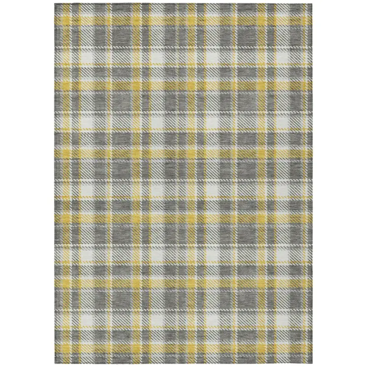 5' X 8' Gray Yellow and White Plaid Washable Non Skid Indoor Outdoor Area Rug