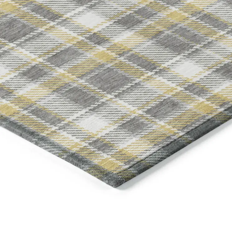 5' X 8' Gray Yellow and White Plaid Washable Non Skid Indoor Outdoor Area Rug