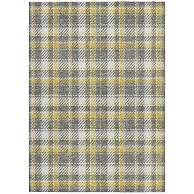 5' X 8' Gray Yellow and White Plaid Washable Non Skid Indoor Outdoor Area Rug