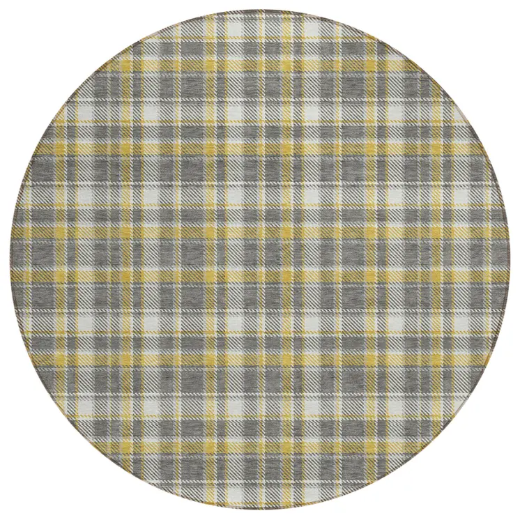 8' Round Gray Yellow and White Round Plaid Washable Non Skid Indoor Outdoor Area Rug