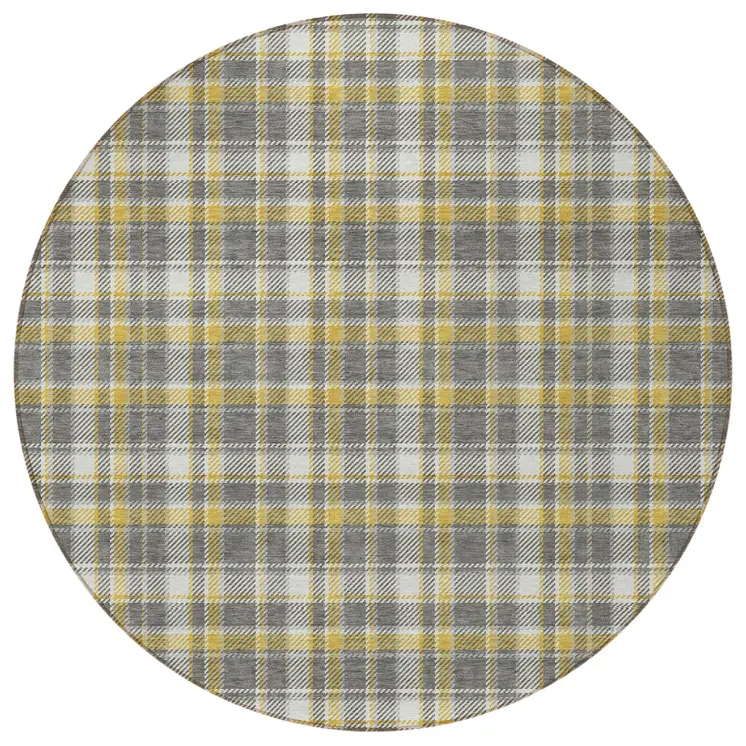 8' Round Gray Yellow and White Round Plaid Washable Non Skid Indoor Outdoor Area Rug