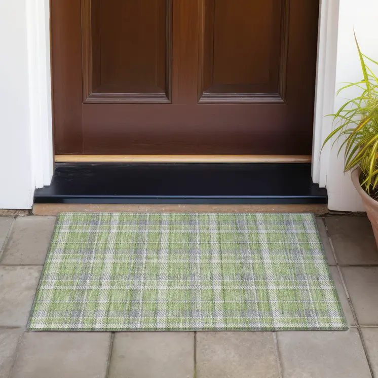 2' X 3' Green and Gray Plaid Washable Non Skid Indoor Outdoor Area Rug