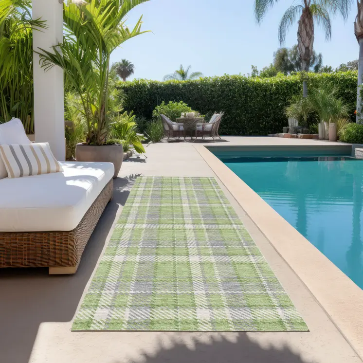 8' Runner Green and Gray Plaid Washable Non Skid Indoor Outdoor Runner Rug