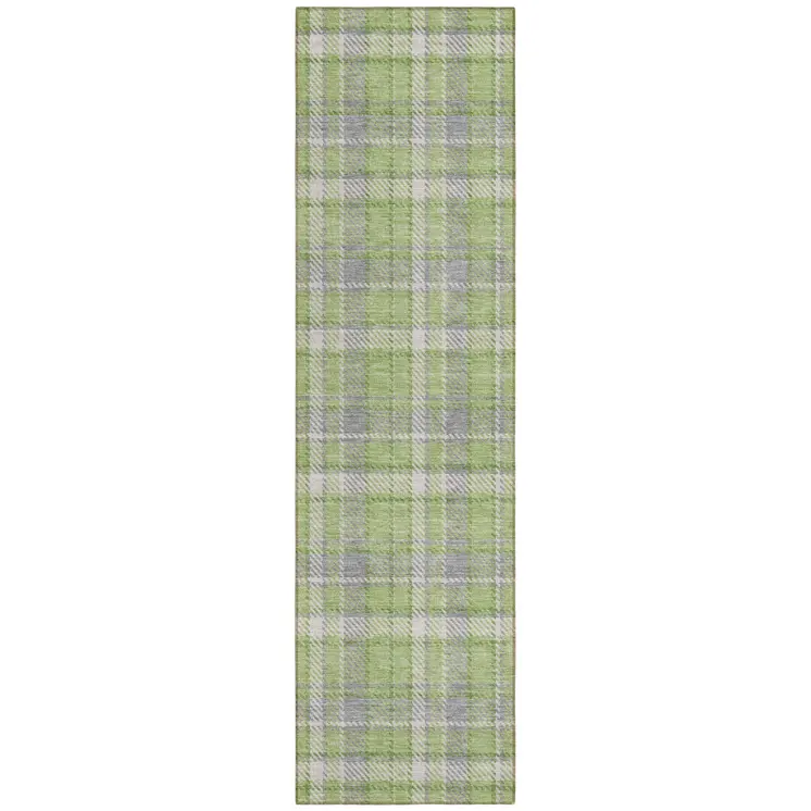 8' Runner Green and Gray Plaid Washable Non Skid Indoor Outdoor Runner Rug