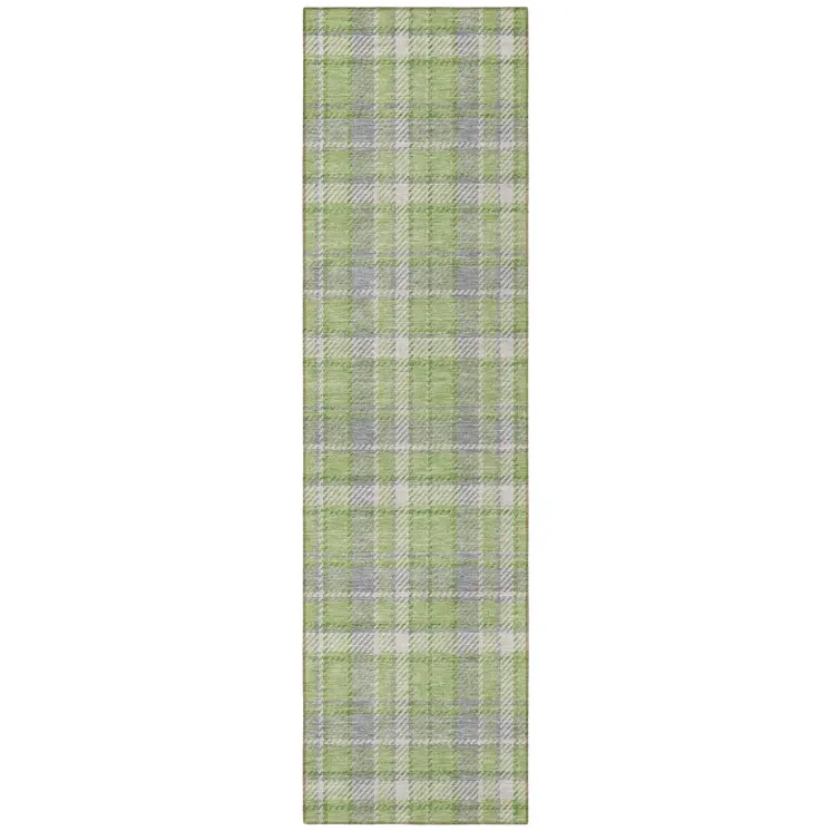 8' Runner Green and Gray Plaid Washable Non Skid Indoor Outdoor Runner Rug