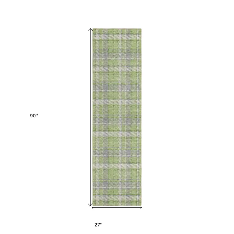 8' Runner Green and Gray Plaid Washable Non Skid Indoor Outdoor Runner Rug