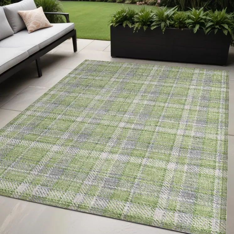 5' X 8' Green and Gray Plaid Washable Non Skid Indoor Outdoor Area Rug