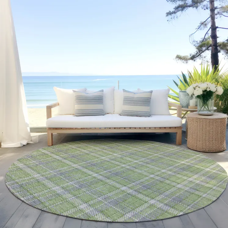 8' Round Green and Gray Round Plaid Washable Non Skid Indoor Outdoor Area Rug