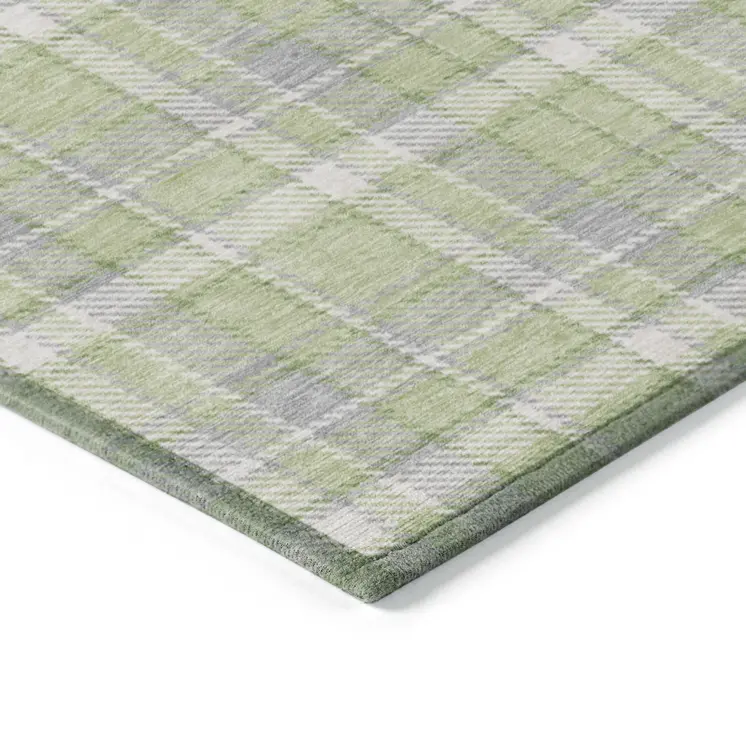 8' Round Green and Gray Round Plaid Washable Non Skid Indoor Outdoor Area Rug