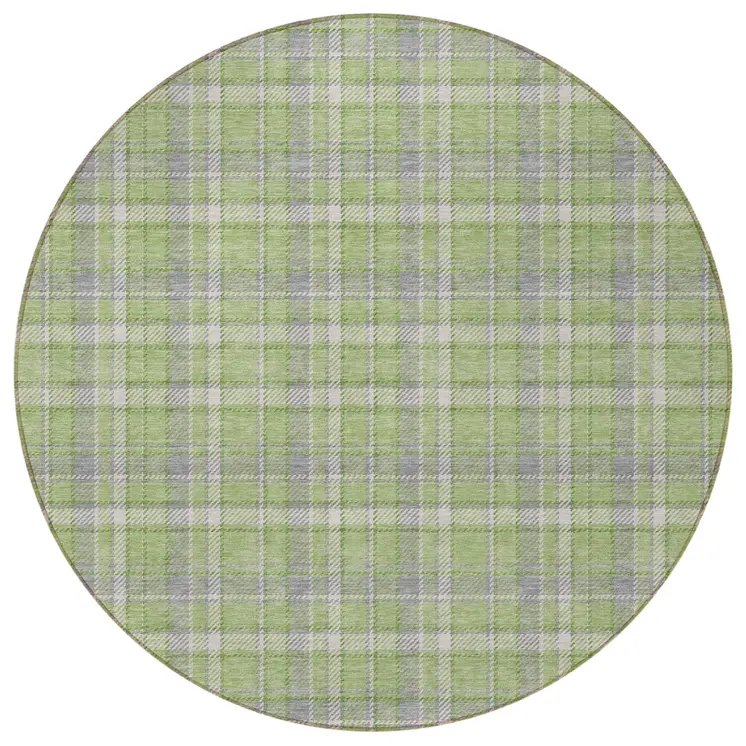 8' Round Green and Gray Round Plaid Washable Non Skid Indoor Outdoor Area Rug