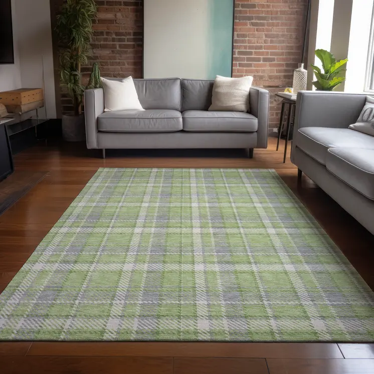 9' X 12' Green and Gray Plaid Washable Non Skid Indoor Outdoor Area Rug