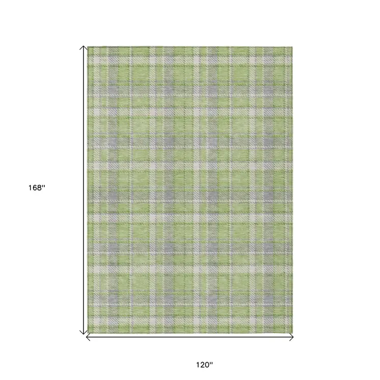 10' X 14' Green and Gray Plaid Washable Non Skid Indoor Outdoor Area Rug