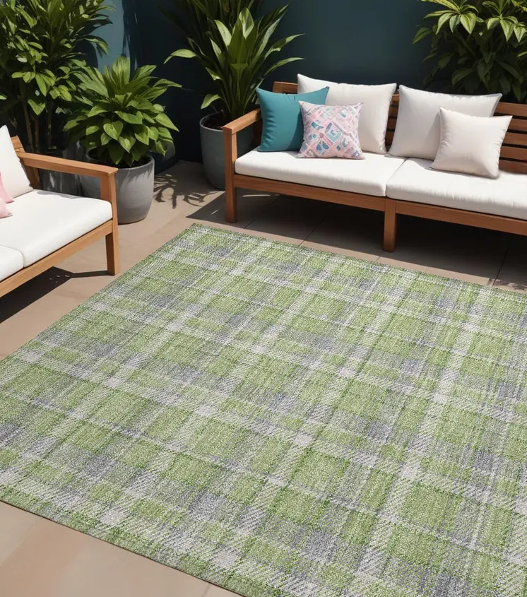 10' X 14' Green and Gray Plaid Washable Non Skid Indoor Outdoor Area Rug