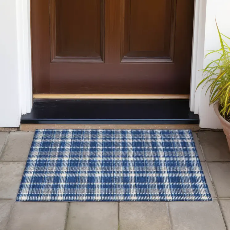 2' X 3' Navy and Ivory Plaid Washable Non Skid Indoor Outdoor Area Rug