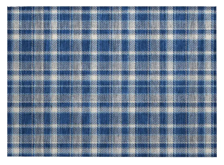 2' X 3' Navy and Ivory Plaid Washable Non Skid Indoor Outdoor Area Rug