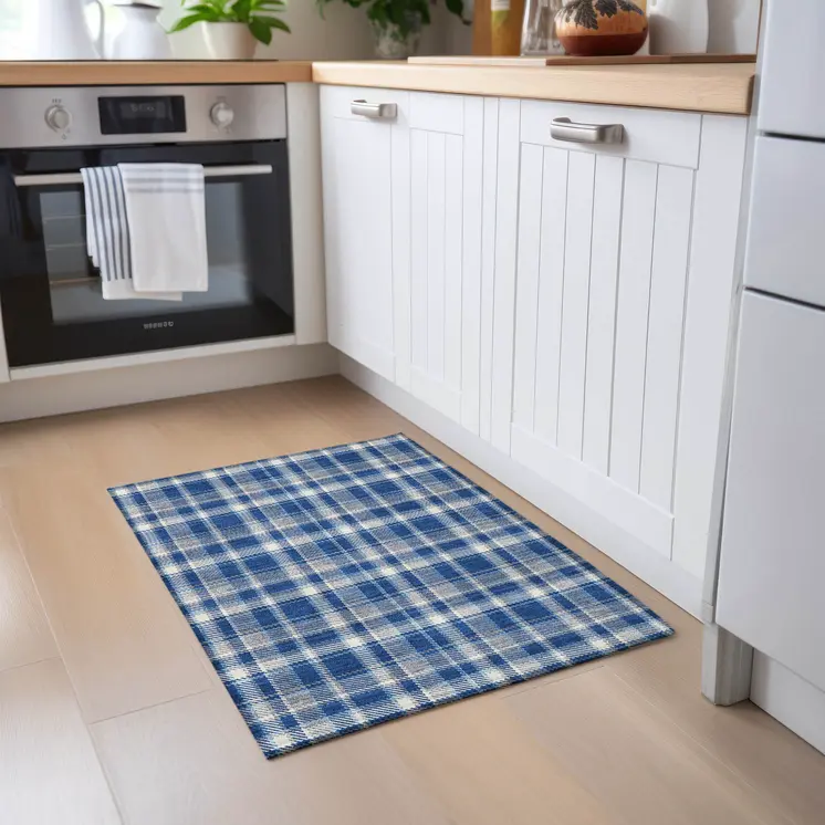 2' X 3' Navy and Ivory Plaid Washable Non Skid Indoor Outdoor Area Rug