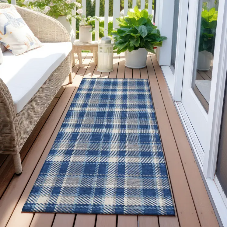 8' Runner Navy and Ivory Plaid Washable Non Skid Indoor Outdoor Runner Rug