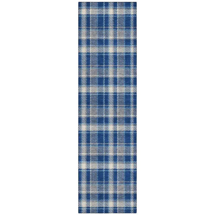 8' Runner Navy and Ivory Plaid Washable Non Skid Indoor Outdoor Runner Rug